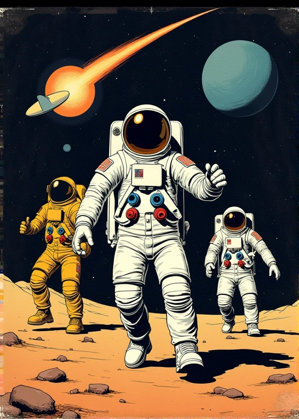 Create a comic book cover for the Apollo 7 mission using 1970s magazines as inspiration.