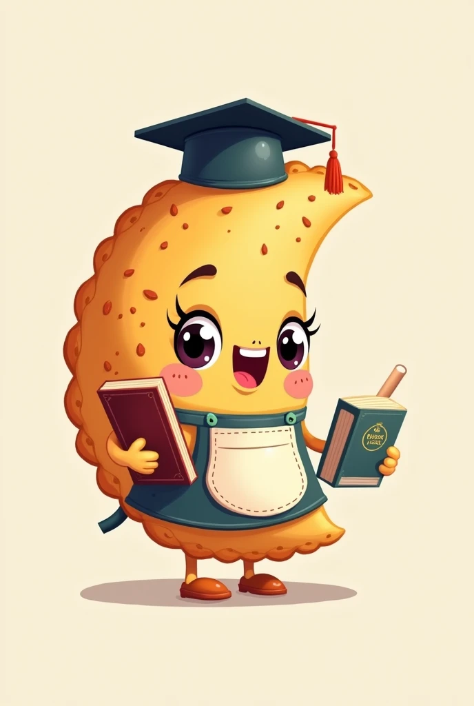 Cartoon of an empanada in the traditional half-moon shape with feminine features holding a piece of chalk in one hand and books in the other. Wearing a graduation cap and a kindergarten apron
