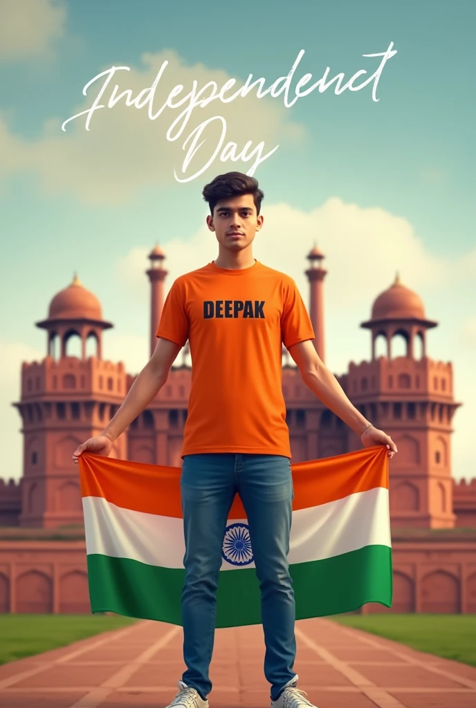A real 20 years old boy, Wearing Orange T shirt blue jeans sneakers and the name “DEEPAK” is written on his t-shirt and the boy is standing on the road with holding a national flag of India, and behind him is the Red Fort Delhi. And written on sky “Independence Day” Create Realistic image high quality
