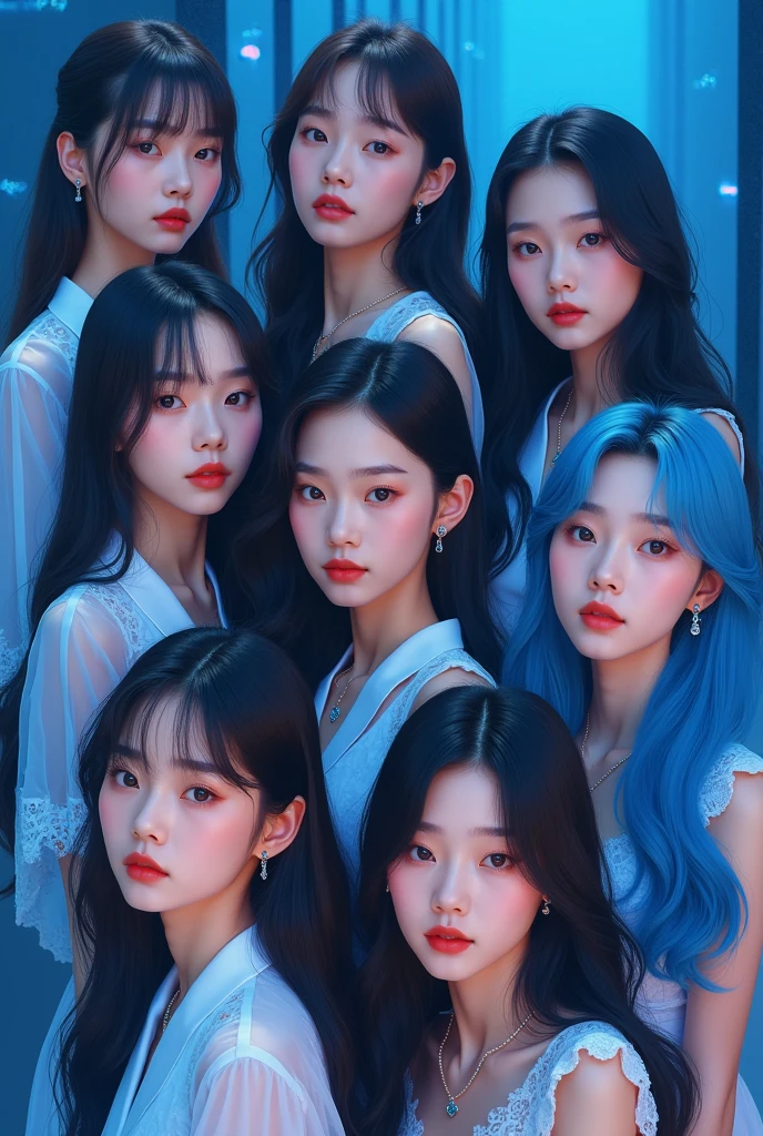 Blue K-pop cover with 7 realistic beautiful girls