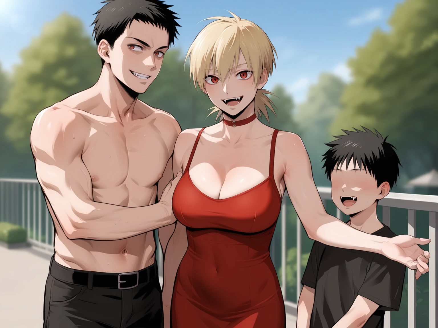 score_9, score_8_up, score_7_up,  score_6_up, source_anime, standing, hellsing, seras, blonde hair, nude, park, outdoors, sky, vampire, smirk, fangs, ikuchan, balcony, muscular male, male wearing tank top, large breasts, husband and wife, family, looking at viewer, smiling, light skinned male, standing side by side, standing, 1girl, smile, cute, happy family ((size difference)), tall male, ((worship)), ((light skinned male))), gown, dress, navel, short dress, red dress, , ((size difference)), shota, ((family)), wholesome, sfw, raing:safe, ((large male)), black haired male, solo focus, choker, solo focus, 2boys, 1girl, trio, mature male, dilf, ((portrait)), faceless male, husband and wife and son