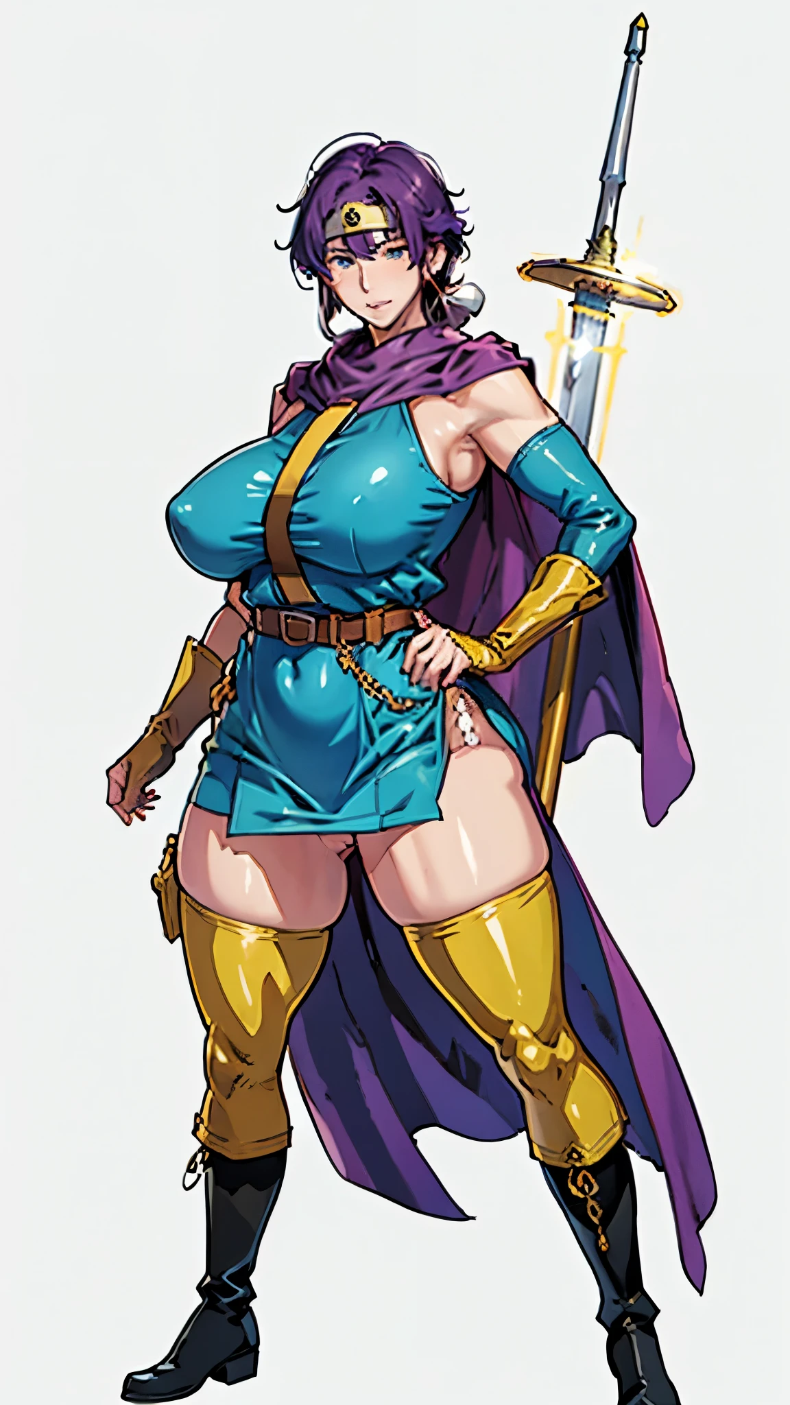 解剖学的に正Shii, 身長165cmでムチムチのブラジルの美Shii女性, boyish, like々Shii, Female Warrior, sexly, , Purple Hair, Very Short Hair, Messy Hair, Beautiful, delicate, long, green eyes, A savage, beastly grin, Red, thick lips, (Active,Curvy,Big Ass, Large Breasts, Big thighs), (Clothes are tight), Strapless、Blue Dress、Purple Cape、Thigh Highs、Elbow Gloves、boots、belt、sheath、ニーboots、(Holding a longsword as tall as their height with both hands:1.5), To the camera, (Drawing his sword, he struck a combat stance.:1.5), In the underground dungeon