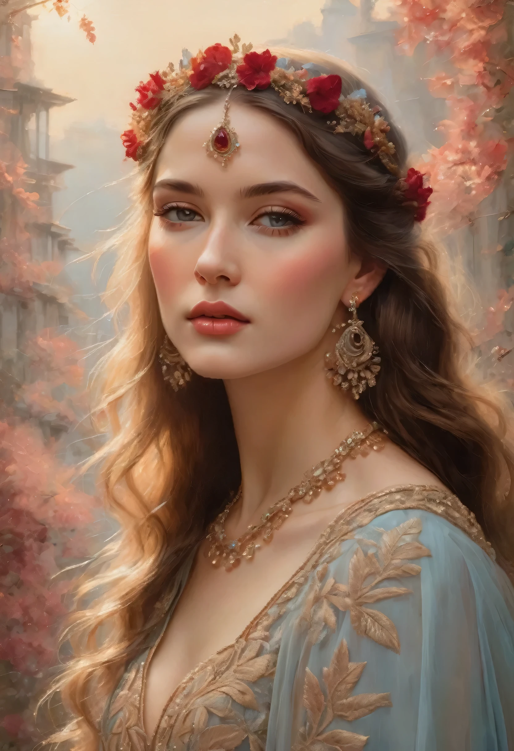 "An art nouveau style painting in soft pastel tones depicts a beautiful woman with pale eyes, detailed eyelashes and meticulously shaped eyebrows. Her face is exquisitely detailed, with a full mouth, almost pale skin accentuated by a soft blush. Her long brown hair highlights cascade gracefully over her exposed shoulders, catching the golden light of the hour that adds a soft glow. She wears a delicate silver tiara, red stone with matching earrings and a necklace adorned with dried flowers and leaves that are subtly woven into her look. , highlighting her ethereal presence.(((perfect body from the knee up))), dynamic pose. Her light fabric dresses, in shades of gray and soft blue, feature intricate and delicate embroidery. capturing the delicate beauty and serene elegance of the moment.