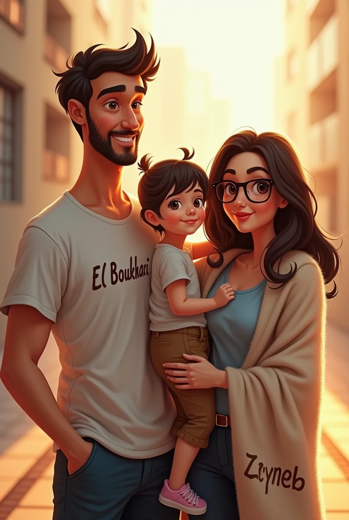 A slightly tanned young man with something written on his shirt "El Boukhari" A civil engineer standing next to his beautiful architect wife, who is white and wearing glasses, with something written on her blanket "Zeyneb" . 
and they are carrying their beautiful little daughter