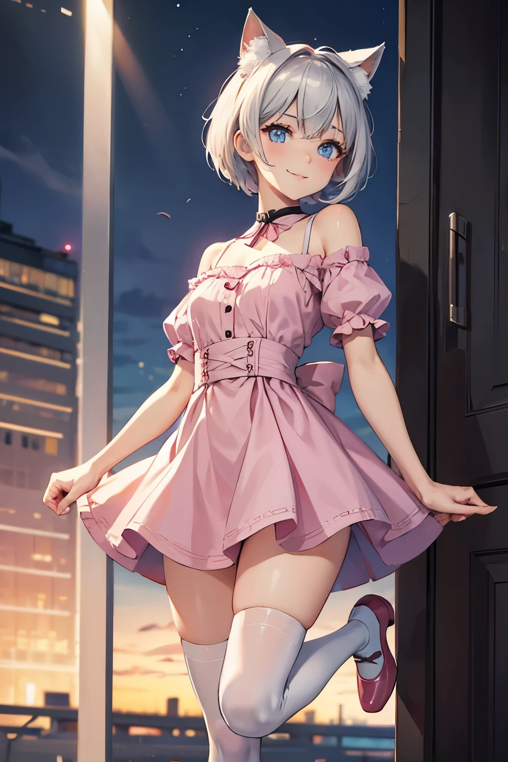 (masterpiece), (best quality), (High quality), perfect anatomy, BREAK, expressive eyes, BREAK, (perfect face), (1girl), (grey cat ears), (medium hair, grey hair), ((pixie cut)), BREAK, (big eyes, perfect eyes, blue eyes, thick eyelashes), thin eyebrow, BREAK, ((smile)), BREAK, (short height), BREAK, slim bulid, BREAK, (medium chest), (clevage), BREAK, (pink shirt, cropped shirt, short sleeves, frill sleeves), BREAK, ((pink mini skirt, low-waist skirt)), (white over-the-knee socks), BREAK, (pink ballerina shoes), BREAK, (standing on one leg: 1.4, side to the viewer: 1.3), (view from the front), (makeing moe heart from hands),(face focus), (full body), BREAK, (night, city)