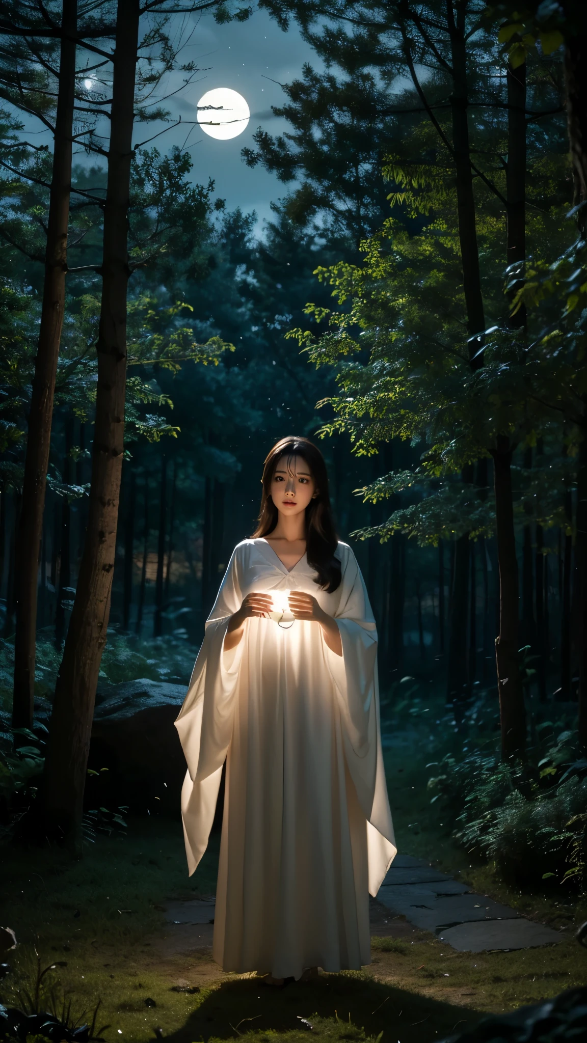 Quiet night scene in the deep forest, A beautiful witch stands in the middle. The witch is in simple, Wearing an elegant dark robe with long sleeves, Harmonizes with the natural environment. Her expression is serene and contemplative, Conveying quiet power and wisdom. The forest is bathed in soft light, Tall Tree々Through filtered, fantastical moonlight, Slender tree々, Mossy groundに優しい影を落とす. The atmosphere is peaceful and restrained, Focusing on the quiet beauty of the night. シーンは神秘的でSerene atmosphereで, Seamlessly blending into the starry sky environment."

Additional parameters:

style: Realistic, Mood lighting
Lighting: Soft moonlight, Subtle Shadows

Color: Dark tones, natural shades
Composition: The witch is positioned in the center, 背景にはTall Tree々There is、Soft light accentuates her figure
Environment: Dense forest at night, Mossy ground, Serene atmosphere