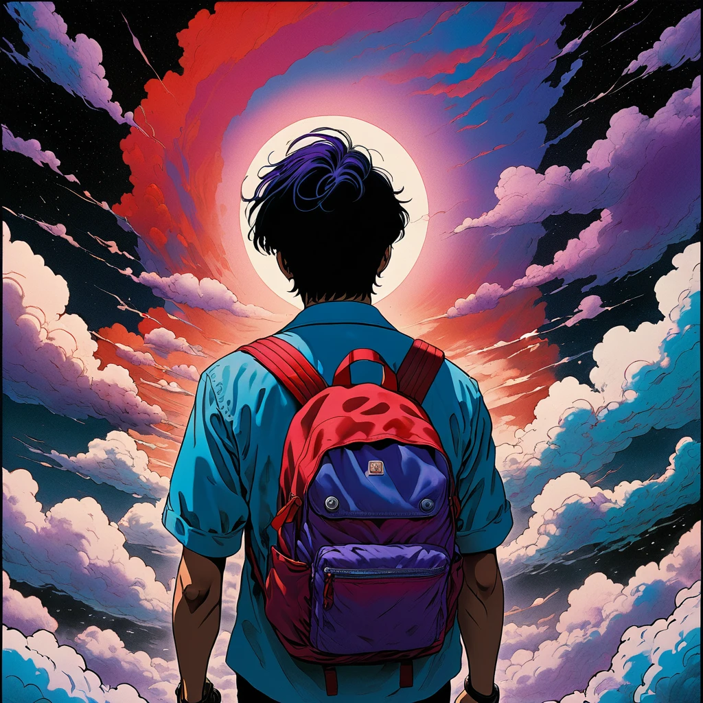 man walking on clouds, camera from behind, (anime), bizarre scenario, Junji Ito, Yusuke Murata,8k, anime, horror, An illustration、art、80s Thai horror movie poster, Supervised by Junji Ito、High detail, Realistic shadows、Analog style, vhs style, 8mm film, chromatic aberration, Dvd screengrab、Blue-purple and red-purple gradation、Surrealism