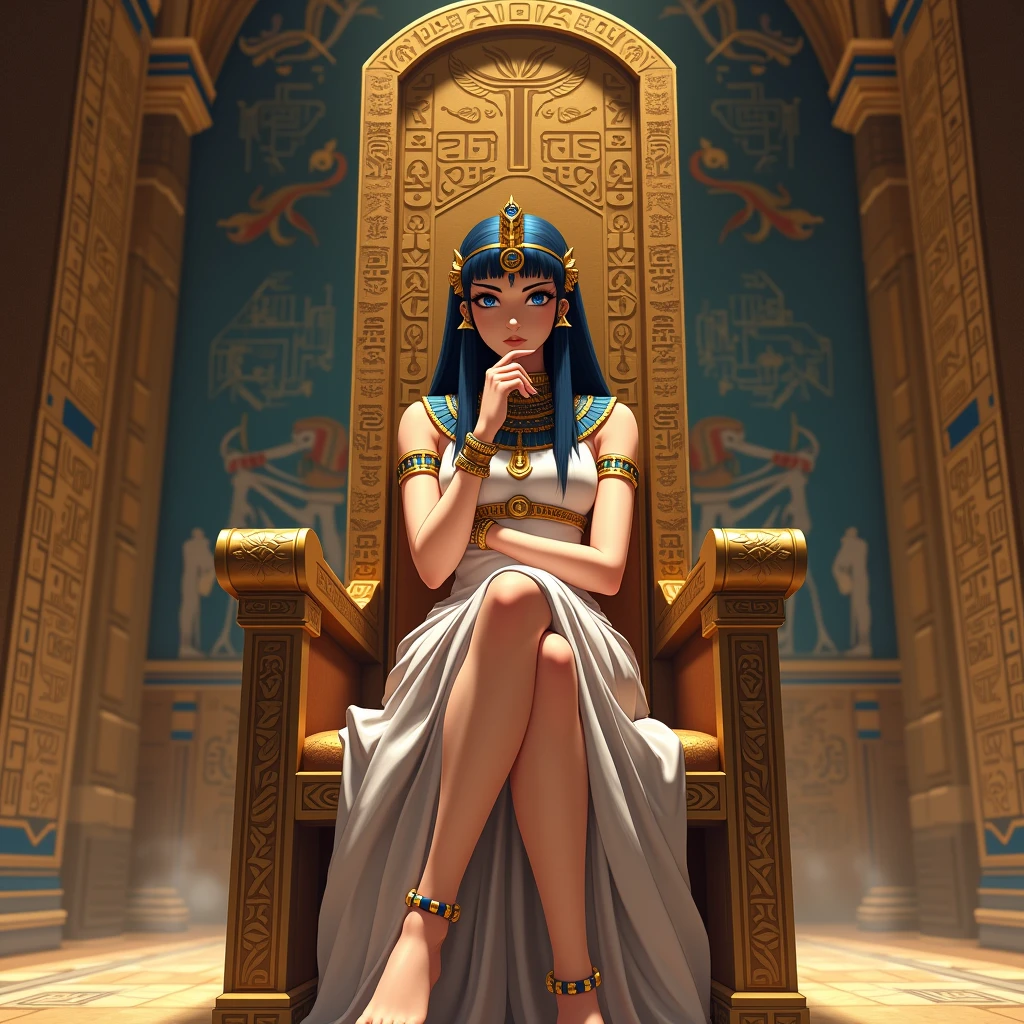 Egyptian queen sitting on her throne in anime version... Camera angle should be from down... She is sitting in crossed leg with on hand on her chin...