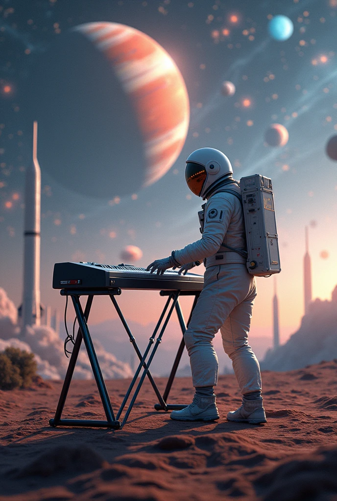 Astronaut, musician, musical keyboard, Planets, rockets, space, planetary views, Playing music on the planet, reage
