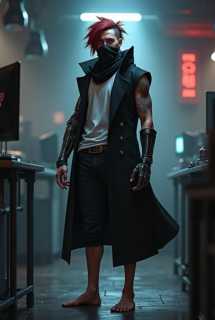 Create a hacker man with this look:
- He doesn't have tattoos.
- He wears a black overcoat with the right sleeve cut off.
- He wears a long glove on his left hand.
- He has asymmetrical hair., one side shorter and the other longer with slight reddish tones
- Has one purple pupil and one red pupil
- Has scars all over his body
- Doesn't wear shoes, walks barefoot
- Has a robotic right arm
- Wears a bandana on his face