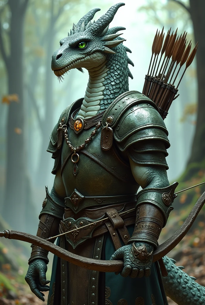 A Dungeons and Dragons character, He is a drake with silver scales and green eyes, He has no hair, He wears leather armor, with a longbow and a crossbow, He has a quiver inlaid with magical runes and an artifact in the form of a necklace around his neck
