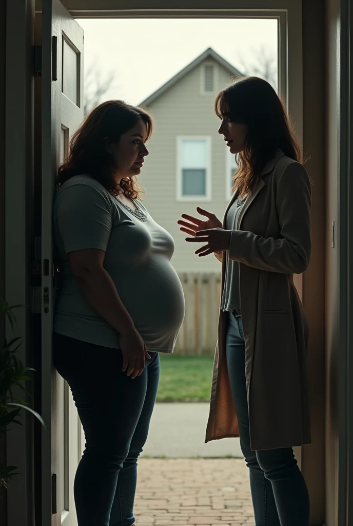 Obese brunette woman is sad and downcast talking to a thin woman who is gesturing with her arms at the door of her house