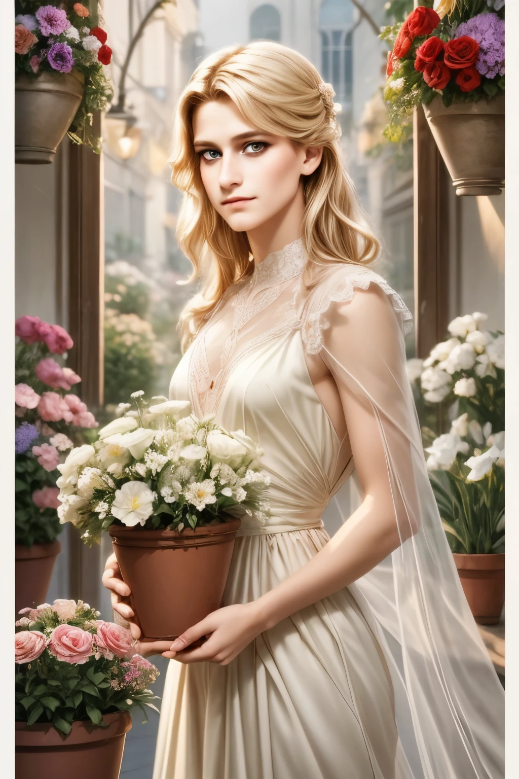 extremely delicate and beautiful, Amazing, finely detail, masterpiece, ultra-detailed, highres,best illustration, best shadow,intricate,sharp focus,  high quality, 1male, solo, blond hair. red eyes, kaveh genshin impact, flowershop front, flowers in pots, flowers for sale