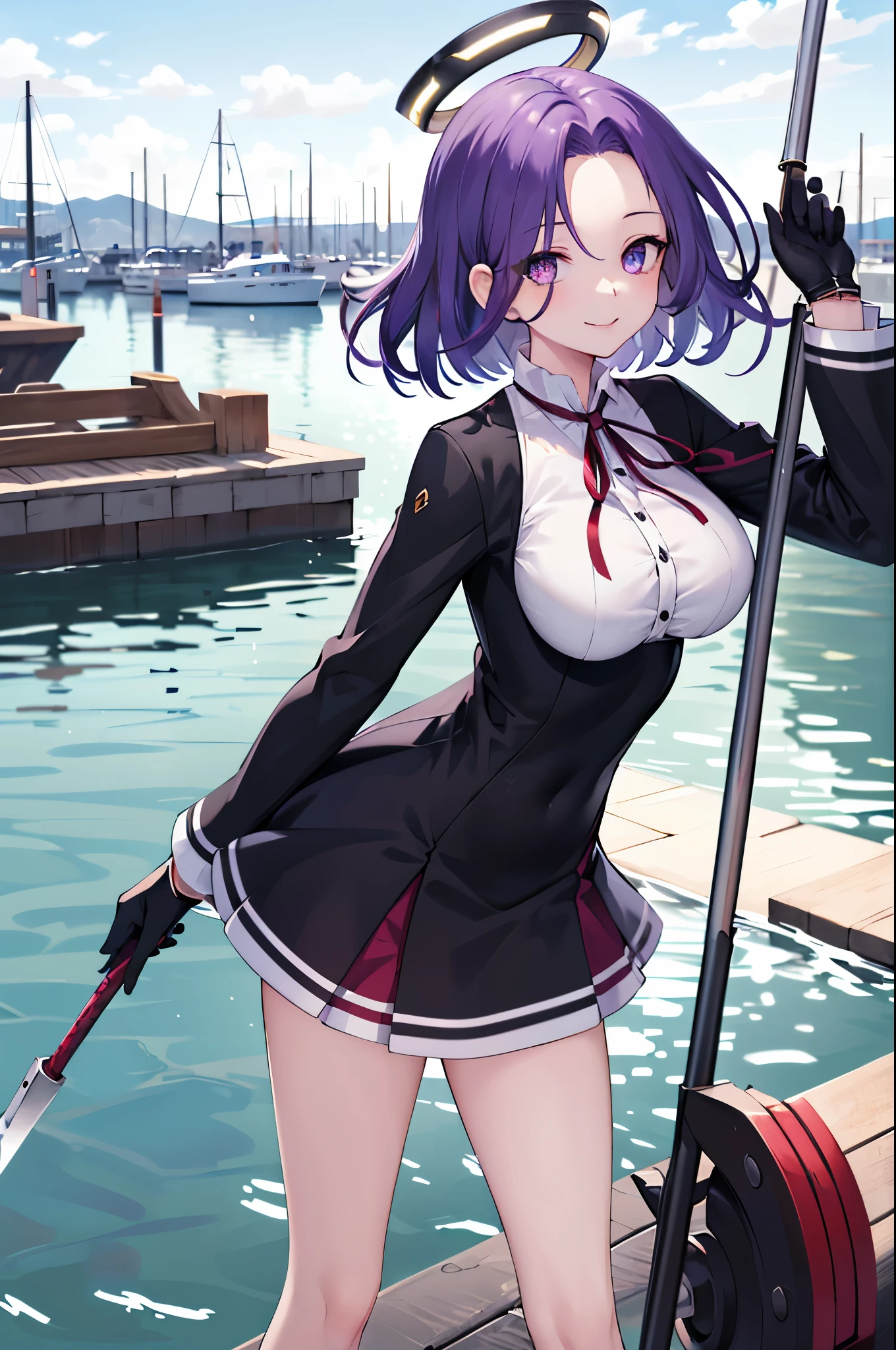 masterpiece, best quality, highres, mechanical halo, (big_breasts:1.2), black dress, neck ribbon, long sleeves, black gloves, outdoors, cowboy shot, standing, holding weapon, polearm,smile,,harbor_town_landscape,purple_halfeyes,(scornful eyes:1.4)