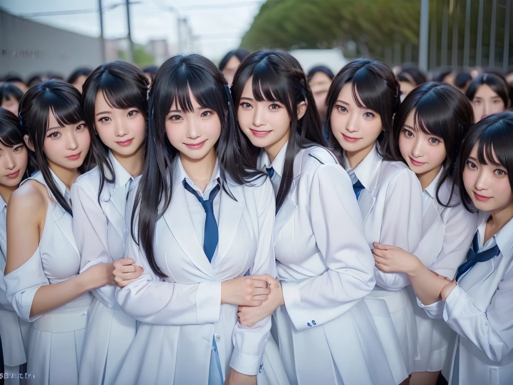 (((clone girls raw photo art))), (((Highest quality, Ultra-high resolution, Realistic, RAW Photos, 8k))), (((Real photograph: 1.5))), (((日本人high school girl, 16yo))) , ((Beautiful Face, cute)), (((smile: 1.85))), ((Beautiful skin of Japanese girls)), (((Black Hair, Semi-long hair))), (((Summer Girls' School Uniform))), (((White shirt, Blue check mini skirt))), (((Big Breasts, H-cup: 1.7))), Super Real, Soft Light, ((((((((Extremely detailed depiction, 一人のhigh school girl, clone girls)))))))), (((((6+girls: 1.99))))), (((((high school girl, Very detailed, perfect identical faces, Perfect identical height, Perfect matching outfit, Perfect matching hairstyle, Perfect same H-cup: 1.99))))), (((数百人のhigh school girl: 1.8))), (((high school girlのみ))), ((((数万人のhigh school girlに囲まれる)))), ((数千万人のhigh school girl)), ((数百億人のhigh school girlに取り囲まれる)), (((((crowded train, Extremely crowded))))), (((((super wide view))))), Embrace each other, hug, kiss, Lesbian, Chest to Chest, Touching the chest