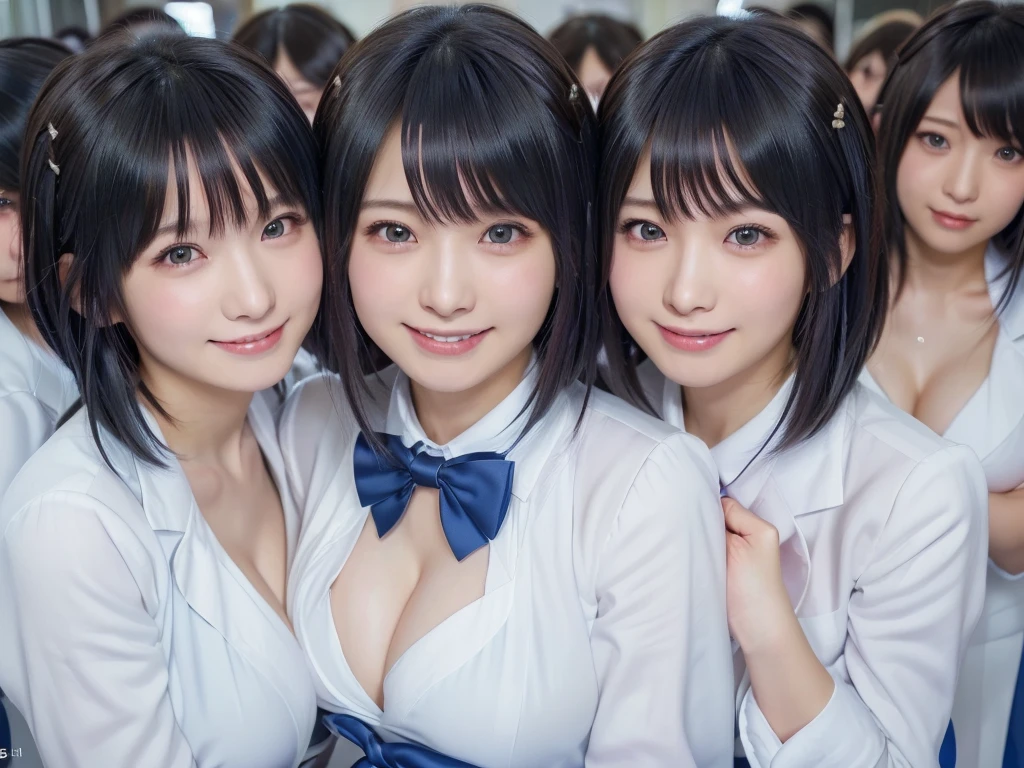 (((clone girls raw photo art))), (((Highest quality, Ultra-high resolution, Realistic, RAW Photos, 8k))), (((Real photograph: 1.5))), (((日本人high school girl, 16yo))) , ((Beautiful Face, cute)), (((smile: 1.85))), ((Beautiful skin of Japanese girls)), (((Black Hair, Semi-long hair))), (((Summer Girls' School Uniform))), (((White shirt, Blue check mini skirt))), (((Big Breasts, H-cup: 1.7))), Super Real, Soft Light, ((((((((Extremely detailed depiction, 一人のhigh school girl, clone girls)))))))), (((((6+girls: 1.99))))), (((((high school girl, Very detailed, perfect identical faces, Perfect identical height, Perfect matching outfit, Perfect matching hairstyle, Perfect same H-cup: 1.99))))), (((数百人のhigh school girl: 1.8))), (((high school girlのみ))), ((((数万人のhigh school girlに囲まれる)))), ((数千万人のhigh school girl)), ((数百億人のhigh school girlに取り囲まれる)), (((((crowded train, Extremely crowded))))), (((((super wide view))))), Embrace each other, hug, kiss, Lesbian, Chest to Chest, Touching the chest