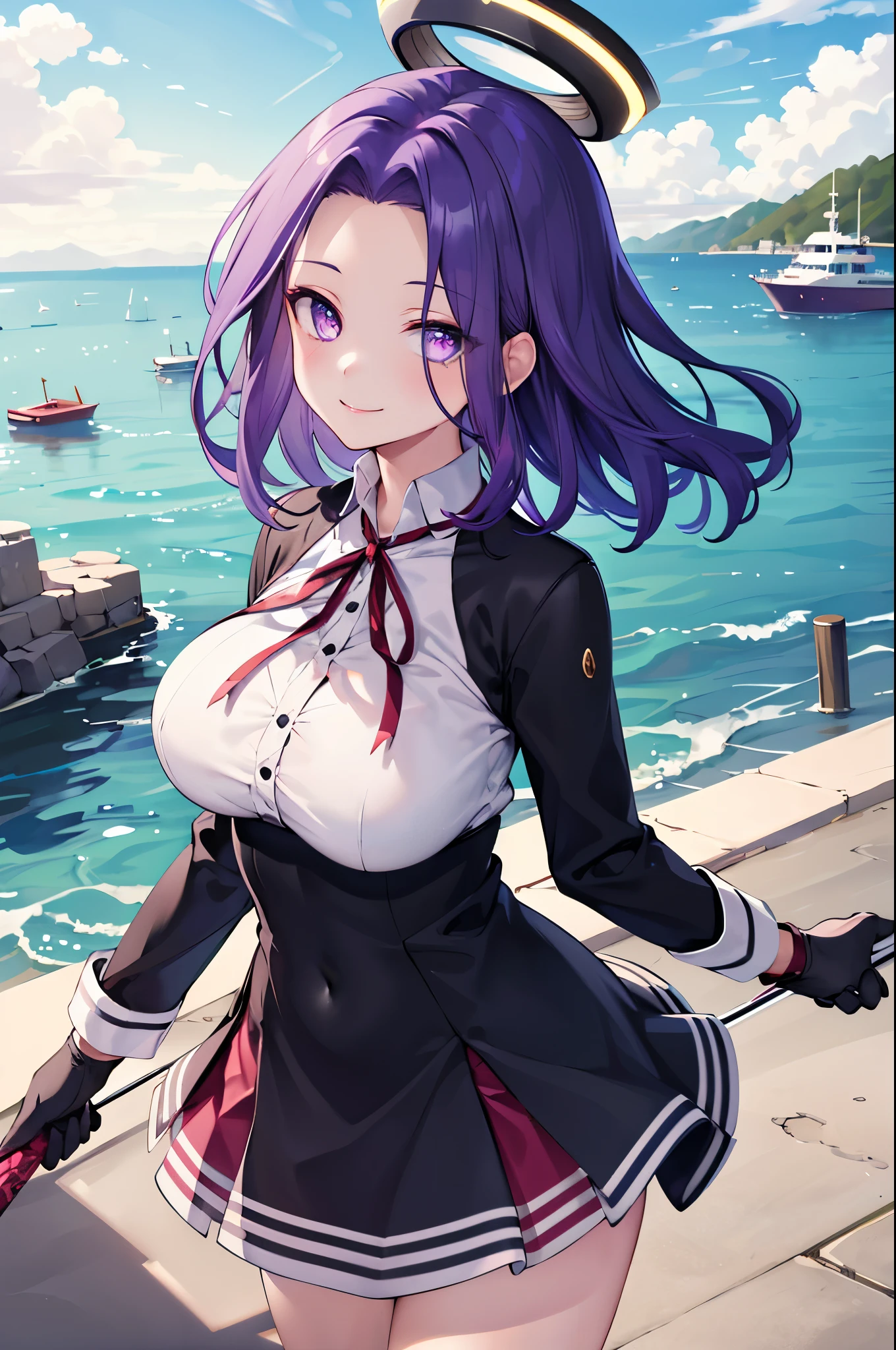 masterpiece, best quality, highres, mechanical halo, (big_breasts:1.2), black dress, neck ribbon, long sleeves, black gloves, outdoors, cowboy shot, standing, holding weapon, polearm,smile,,harbor_town_landscape,purple_halfeyes,(scornful eyes:1.4)