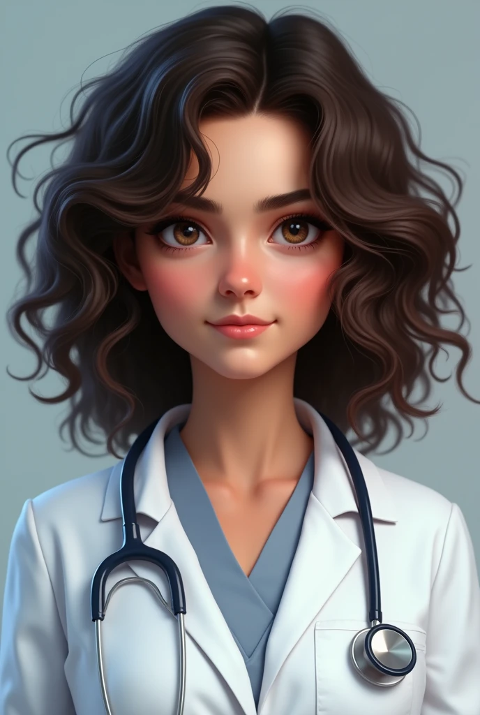 30 year old woman,fair brown-skinned, very curly hair ,up to the shoulder,dark brown eyes,Oval face ,wearing a white doctor's coat 