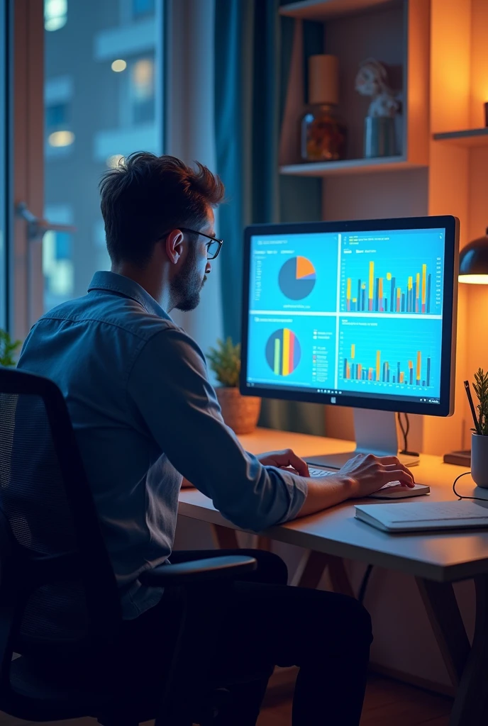 A person in a home environment, working on a computer with growth charts on the screen