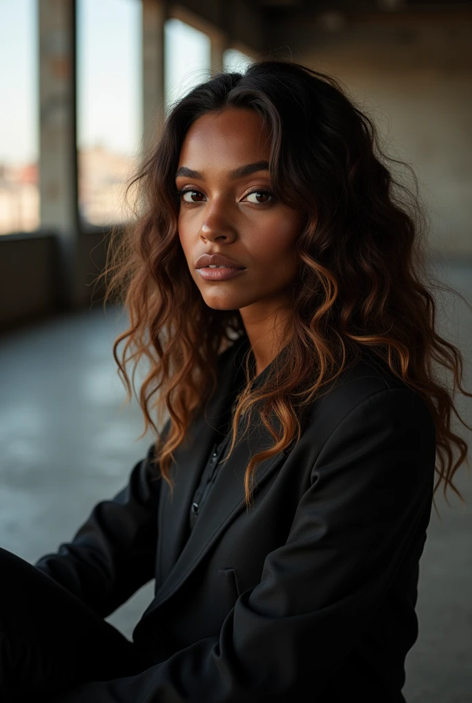 hyper realistic portrait of Yara shahidi, 22 years old, brown hair with blonde highlights and amber eyes. woman, she should have a natural, approachable expression and be lit by soft, dark light, canon eos r5, raw format, night, sitting in a detailed warehouse with a panoramic view of New York, rebel leader, wearing Tom Ford