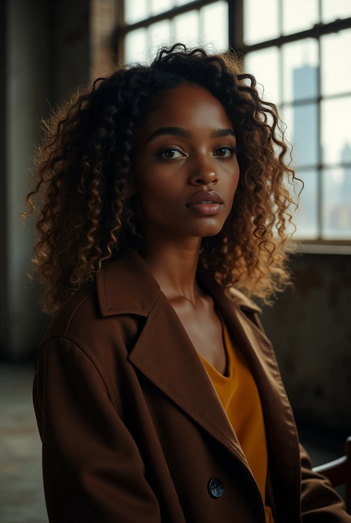 hyper realistic portrait of Yara shahidi, 22 years old, brown hair with blonde highlights and amber eyes. woman, she should have a natural, approachable expression and be lit by soft, dark light, canon eos r5, raw format, night, sitting in a detailed warehouse with a panoramic view of New York, rebel leader, wearing Tom Ford