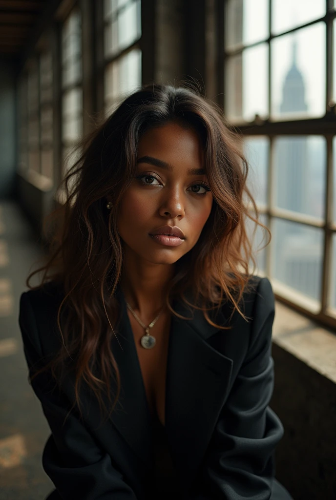 hyper realistic portrait of Yara shahidi, 22 years old, brown hair with blonde highlights and amber eyes. woman, she should have a natural, approachable expression and be lit by soft, dark light, canon eos r5, raw format, night, sitting in a detailed warehouse with a panoramic view of New York, rebel leader, wearing Tom Ford
