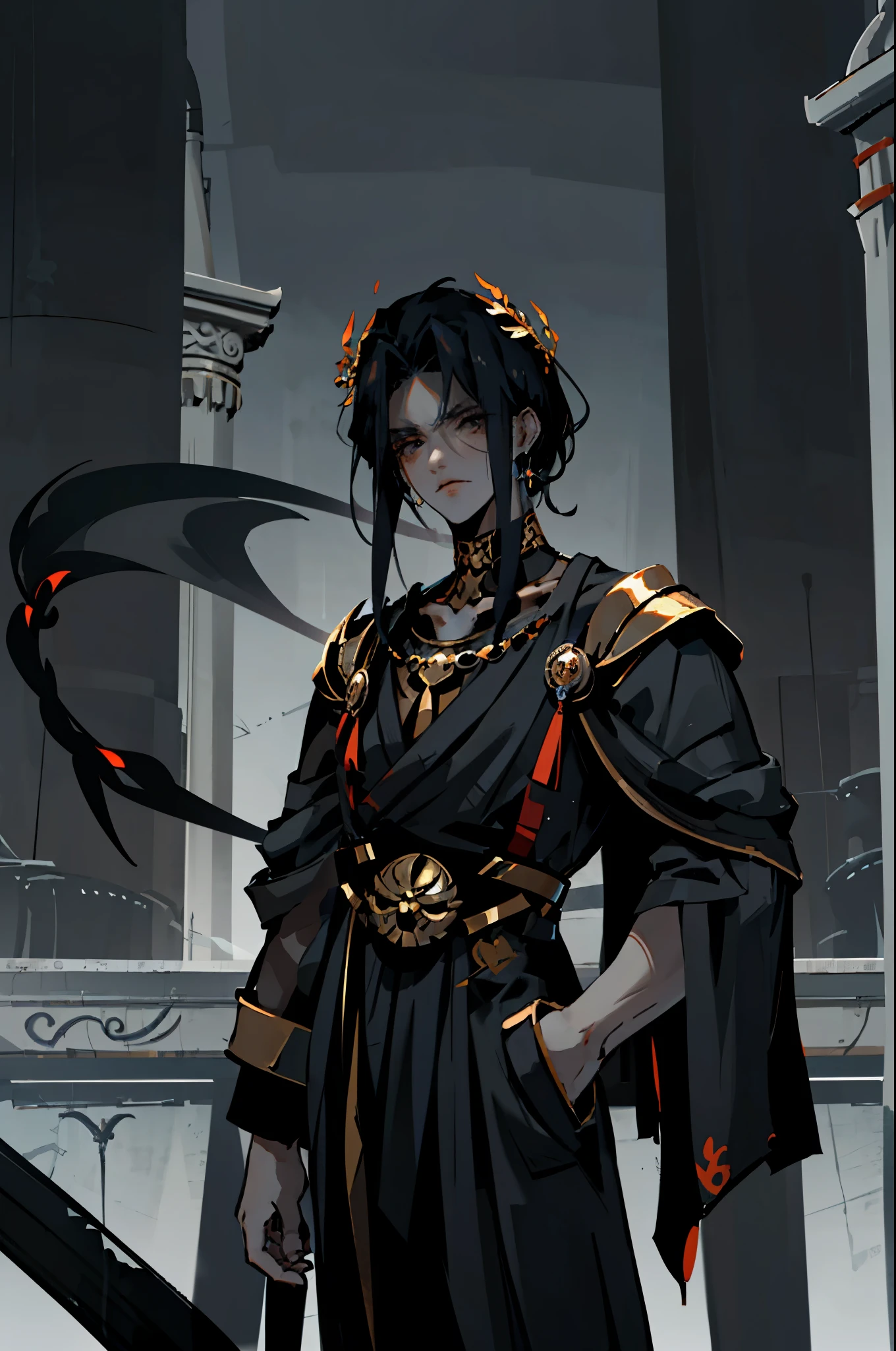 1man, alone, solo, lonely, black hair, mid lenght hair, cheveux mi-courts, short hair, black eyes, insister sur le visage, well detailed face, well lit face, cheveux noirs, black costume, black tuxedo, costume noir, classy outfit, black clothes, lazy man, tired person, neutral expression, hands in pockets, hades style, hades game, Jen zee style, aoi ogata style, greek themed image, greek background, thanatos character inspiration, athena character inspiration, patroclus character inspiration, orpheus character inspiration, hecate hades 2 character inspiration, moros character inspiration, icarus hades 2 character inspiration, tartarus scenery, desk in the background, piles of paper on the desk, desk with paper on it, fumes, greek columns in background, greek architecture, bureau scene, gray background, grey background, grey themed image, gray themed image, black and white themed image, black furniture, white touches of color, looking at viewer, serious themed image, hades, game, wiki