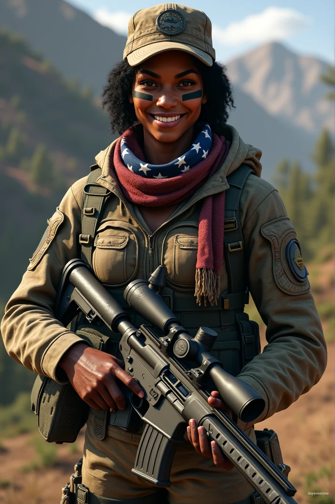 Far Cry 5, Grace Armstrong, African-American, military outfit, camo suit, eye black, US flag scarf, cap with scope stamp, smiling, looking at viewer, black stripes below eyes, wielding sniper rifle, gloves, combat boots 