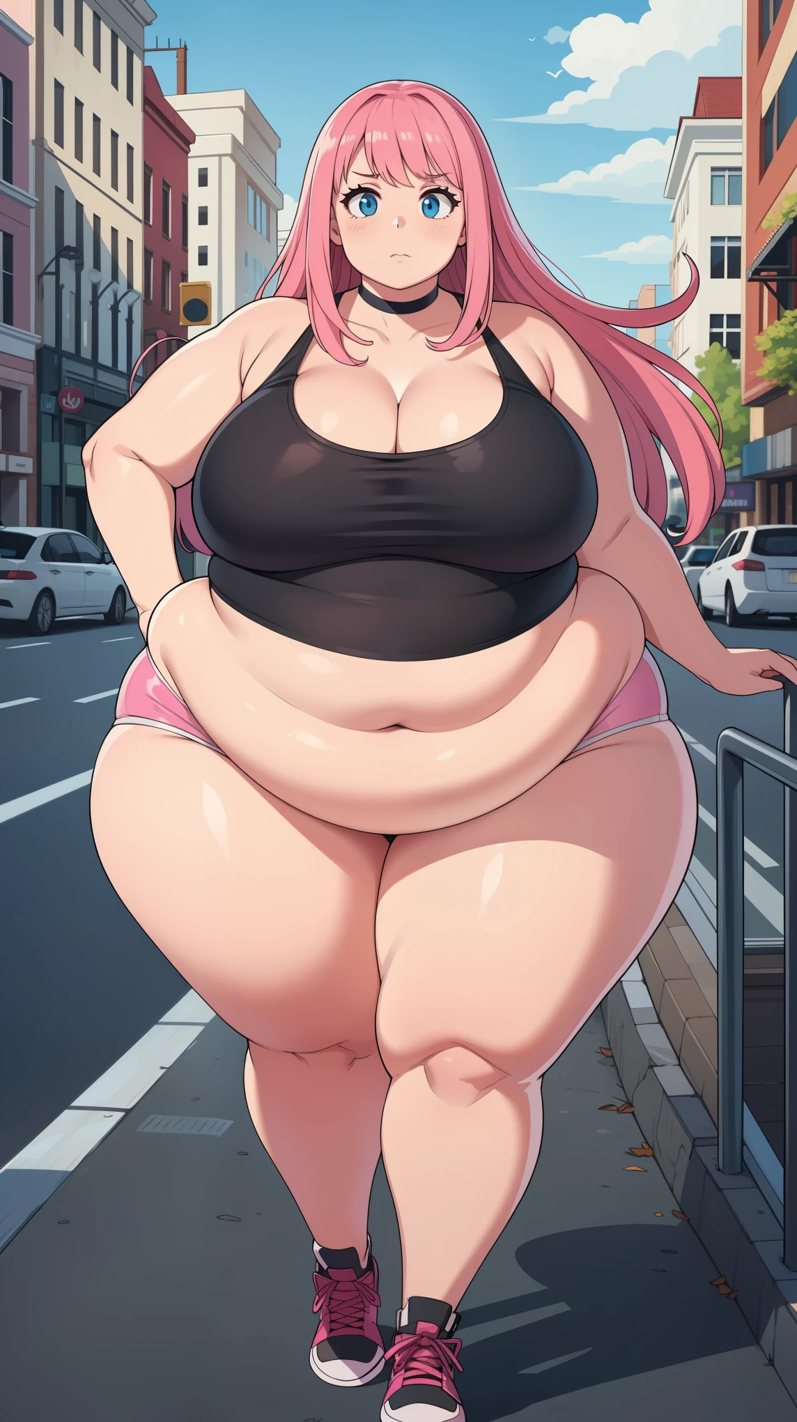 young woman, pink hair, long hair, thicc thighs, choker necklace, city, fat