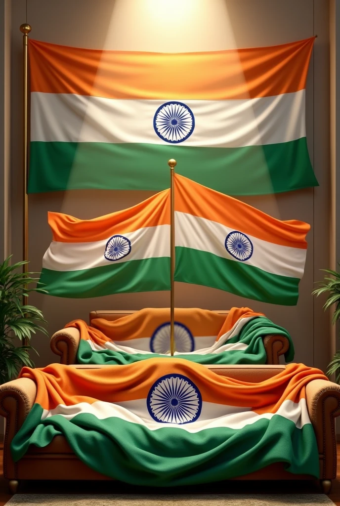(Realistic);a 78th india independence day celebration Poster Flag a Orange Colour Flag multiple with sofa and Another layer of white flag Ashoka Chakra multiple with sofa and green flag multiple with another sofa and Finally the order of the Flag orange, white, green