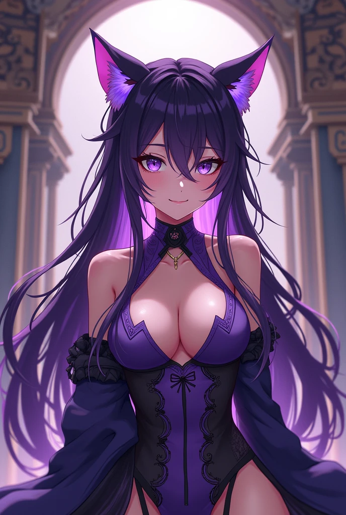 アニメ, Purple cat ears, long hair, pretty clothing, guvéz style, Clareza 4K, pop station, ancient architecture, seductive girl, appealing, Genshin Keru, estilo アニメ, 8k, linda mulher de アニメ, Front of nipples
