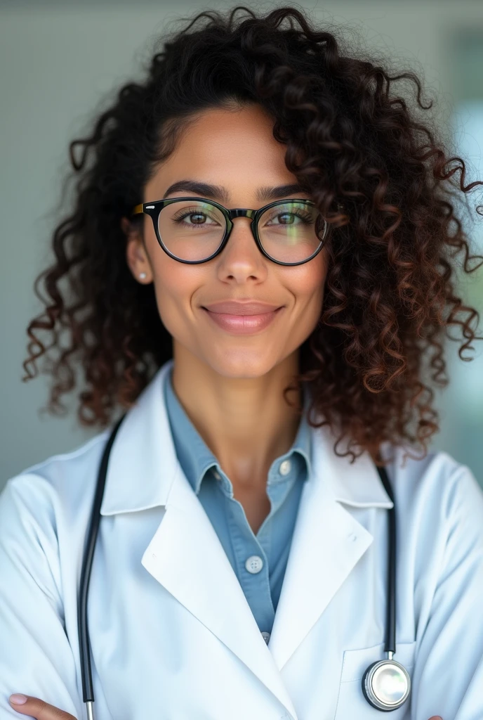 30 year old woman,fair brown-skinned, very curly hair ,up to the shoulder,dark brown eyes,Oval face ,dressed in a white doctor&#39;s coat and glasses 