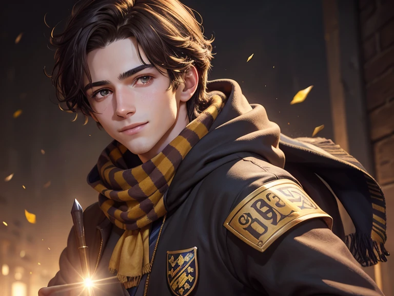 Male Hufflepuff student, 15 years, Brown hair, hair over the shoulder, combine, gold eyes, scarf, eyeball, seductive smile, chiaroscuro, drop shadow, hesitant, fujicolor, Social realism, Lens flare, wand in hand, HD, High resolution, anatomically correct