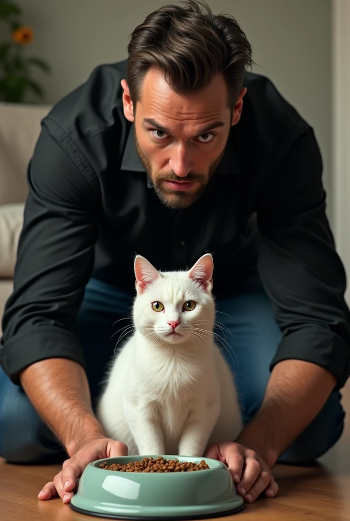 A smart man wearing a black shirt and jeans is displaying bad behavior towards a white cat, who is sitting in front of a cat food bowl."a