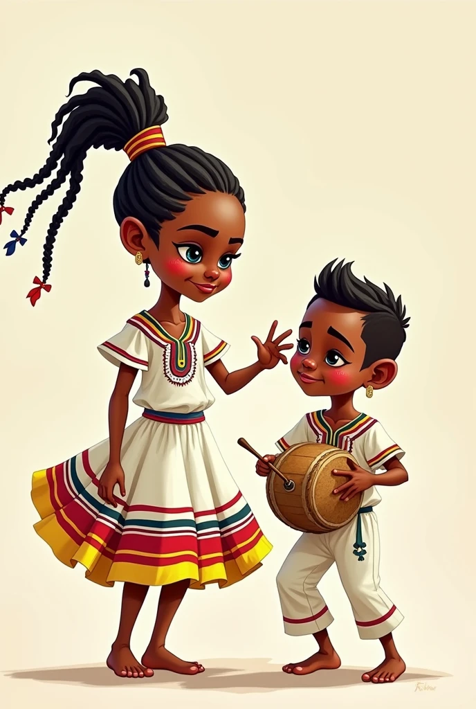 desenho animado de um menino e menina vestidos com roupas nativas, Chibi, animation film , animation movie still, Kawaai, tribal dance, 2 pessoas, animation still, childrens, menino e menina, medium shot of two characters, No estilo de filme Croods, amazon indian peoples in brazil, dois personagens, animado ainda, par, desenho animado, Amazon Rainforest Scenario