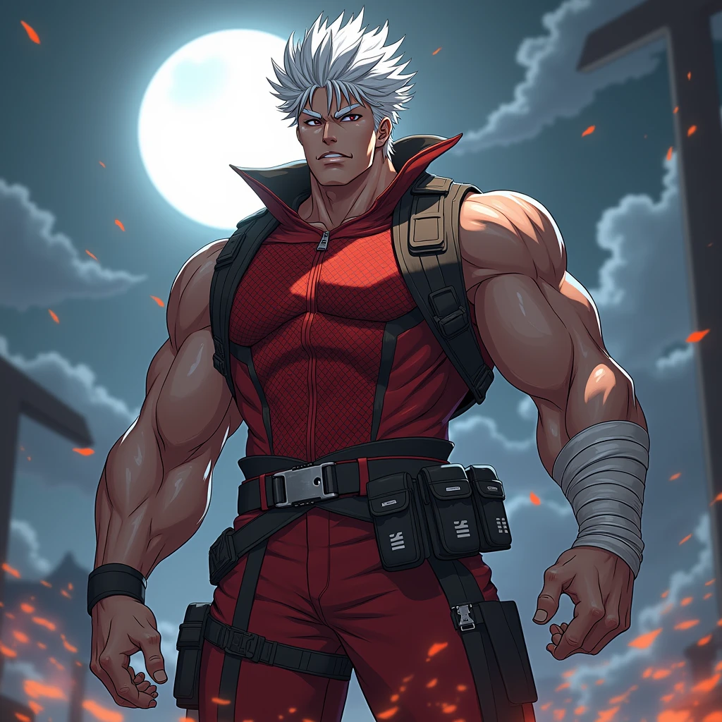 a dynamic illustration of Munashi Kurotani, a young yet physically imposing 15-year-old character standing at 203 cm with a muscular build. He has pure white hair and eyes. Munashi is dressed in a tight-fitting, deep red shirt made from special mesh fabric with a high collar and no sleeves, paired with matching red, slightly loose combat pants. He wears dark-colored ninja sandals. Over his shirt, he dons a rugged combat jacket. His right arm features a bandaged hands, while both legs have hip-pouches with additional bandages wrapped around them. Capture him in a reflective or intense training pose, emphasizing his immense physical strength. The overall mood should convey his formidable presence, masterpiece, best quality, high quality, extremely detailed 8k CG unit wallpaper, depth of field, HDR, photorealistic, extremely detailed, intricate, high detail, sun reflecting moon,