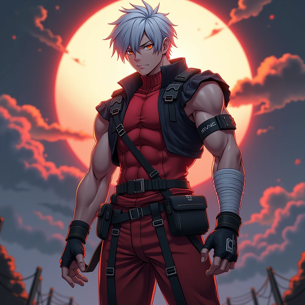 a dynamic illustration of Munashi Kurotani, a young yet physically imposing 15-year-old character standing at 203 cm with a muscular build. He has pure white hair and eyes. Munashi is dressed in a tight-fitting, deep red shirt made from special mesh fabric with a high collar and no sleeves, paired with matching red, slightly loose combat pants. He wears dark-colored ninja sandals. Over his shirt, he dons a rugged combat jacket. His right arm features a bandaged hands, while both legs have hip-pouches with additional bandages wrapped around them. Capture him in a reflective or intense training pose, emphasizing his immense physical strength. The overall mood should convey his formidable presence, masterpiece, best quality, high quality, extremely detailed 8k CG unit wallpaper, depth of field, HDR, photorealistic, extremely detailed, intricate, high detail, sun reflecting moon,
