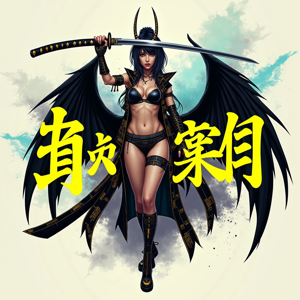 a futuristic female warrior holding a katana, (finely detailed skin), pale skin, (in a deep neckline highly detailed sexy futuristic cyberpunk black crop top and underpants made of circuit boards, japanese words with a flare effect, beautiful epic composition, futuristic, masterpiece, appealing, posing for a photo