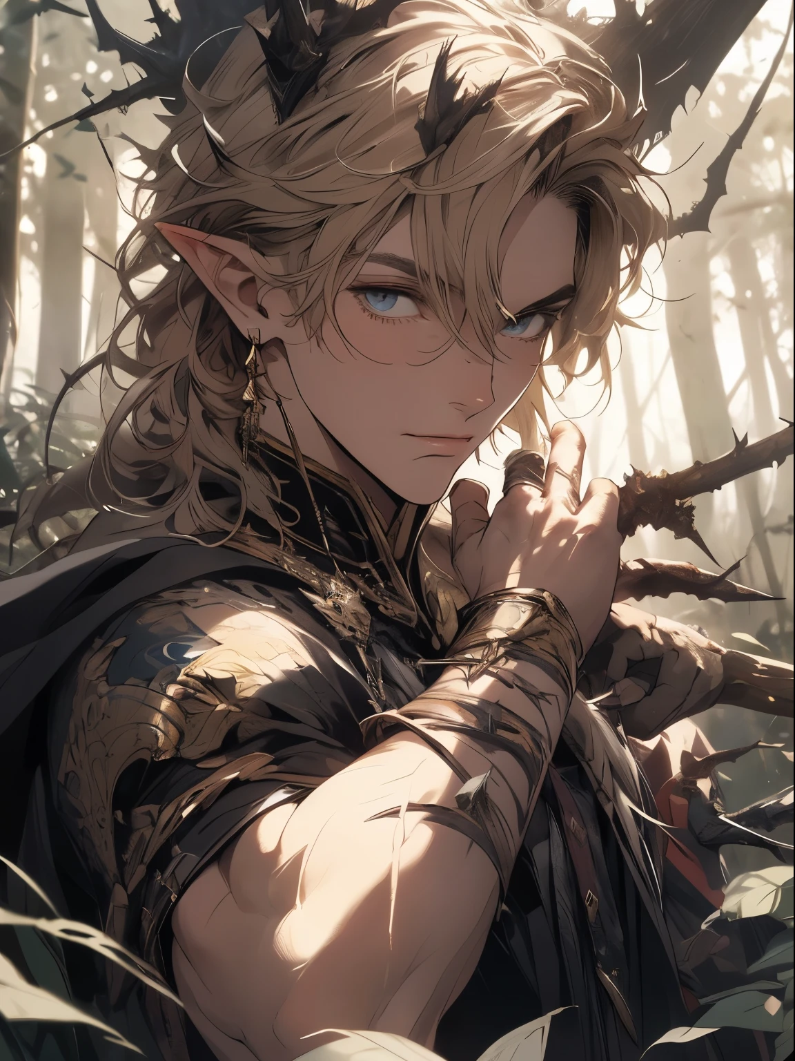(masterpiece: 1.2), (very detailed: 1.2), (perfectly detailed), (very detailed and beautiful: 1.1), muscular male, dynamic pose, shaved temples, thick stubble, has thick stubble, body hair, action scene, detailed face, at full height, nature magic, forest elf, conjuring nature magic, thorns, thorns wrap around the body, the king of thorns, elven clothes