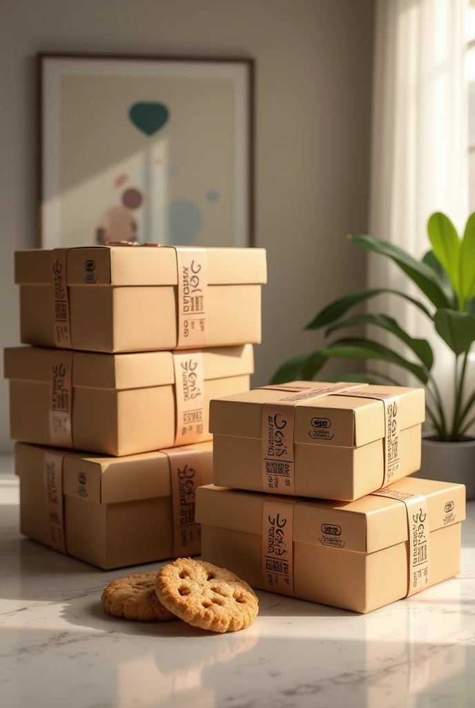 (photorealism:1.2), Show boxes with good packaging and packing WITH TAPE AROUND THE BOXES FOR TRANSPORT and with instructions on how to handle the box. But these boxes should have the company name "DELICIAS GOURMET SA" that makes whole grain cookies with nuts
