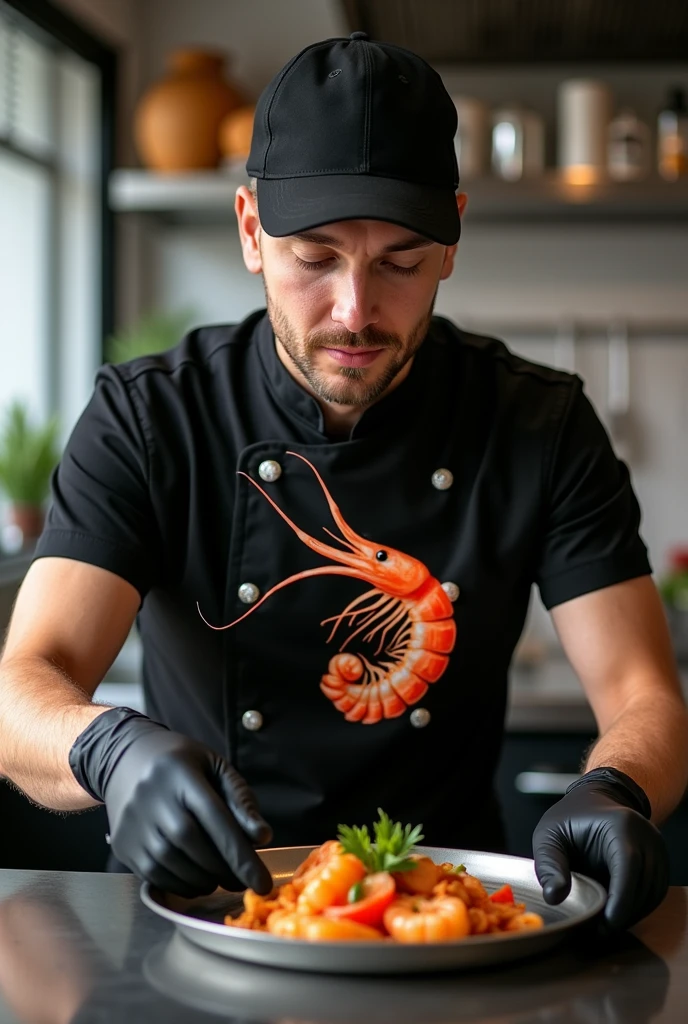 Chef with black t-shirt and black latex gloves with black cap and a shrimp print on the t-shirt