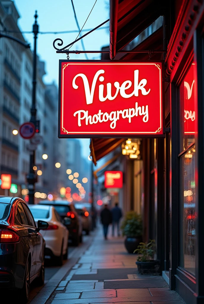 Make a beautiful board on a busy street with Vivek Photography written on it