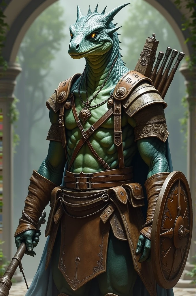 A Dungeons and Dragons character, He is a drake with silver scales and green eyes, He has no hair, He wears leather armor, with a longbow and a crossbow, He has a quiver inlaid with magical runes and an artifact in the form of a necklace around his neck.
He also has a wooden shield and a flail. 