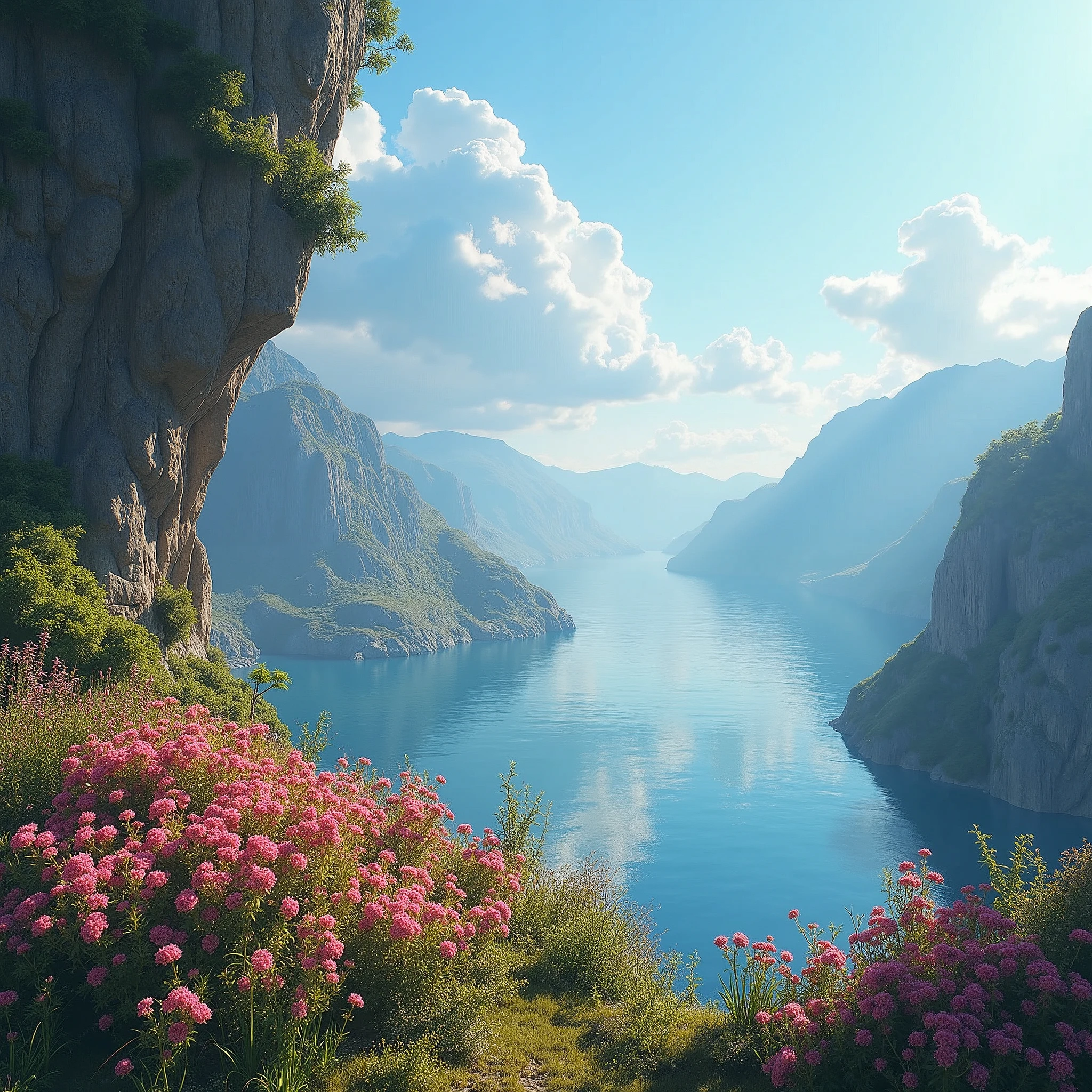(photorealism:1.2), a cliff many flowers, colorful flowers, beautiful sky, matte painting 8k, matte paint 8K, vertical wallpaper 8K, vertical wallpaper 8K, vertical wallpaper 4K, vertical wallpaper 4K, lost series, realistic fantasy rendering, digital painting with 8K resolution, digital painting with 8K resolution, Jessica Rossier fantasy art, 4K rendered matte painting, matte paint rendered in 3D