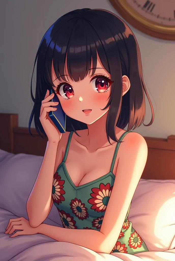 A young anime Girl with black hair and red pupils，Wearing cartoon full informal dress , Sitting on bed, talking on mobile phone call , she is like 30 years old 