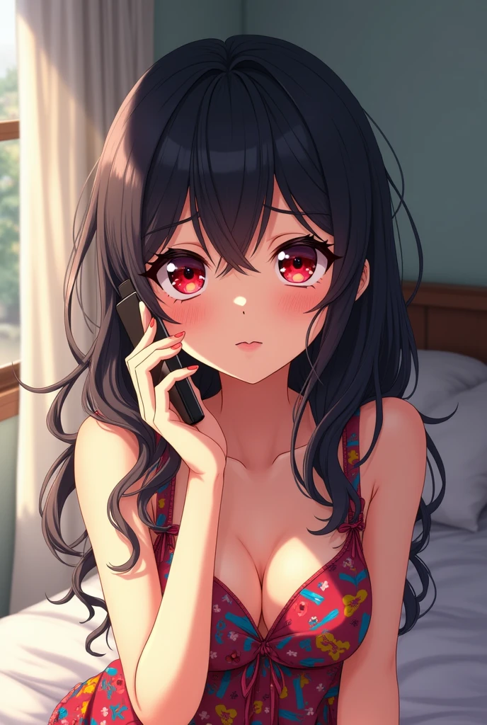 A young anime Girl with black hair and red pupils，Wearing cartoon full informal dress , Sitting on bed, talking on mobile phone call , she is like 30 years old 