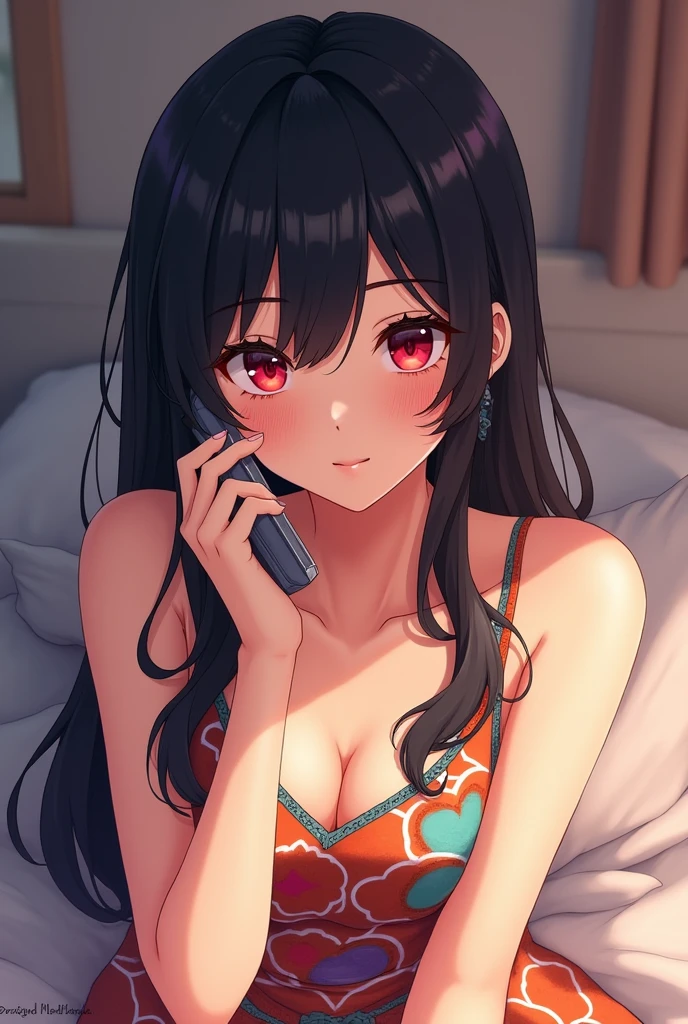 A young anime Girl with black hair and red pupils,Wearing cartoon full informal dress , Sitting on bed, talking on mobile phone call , she is like 30 years old