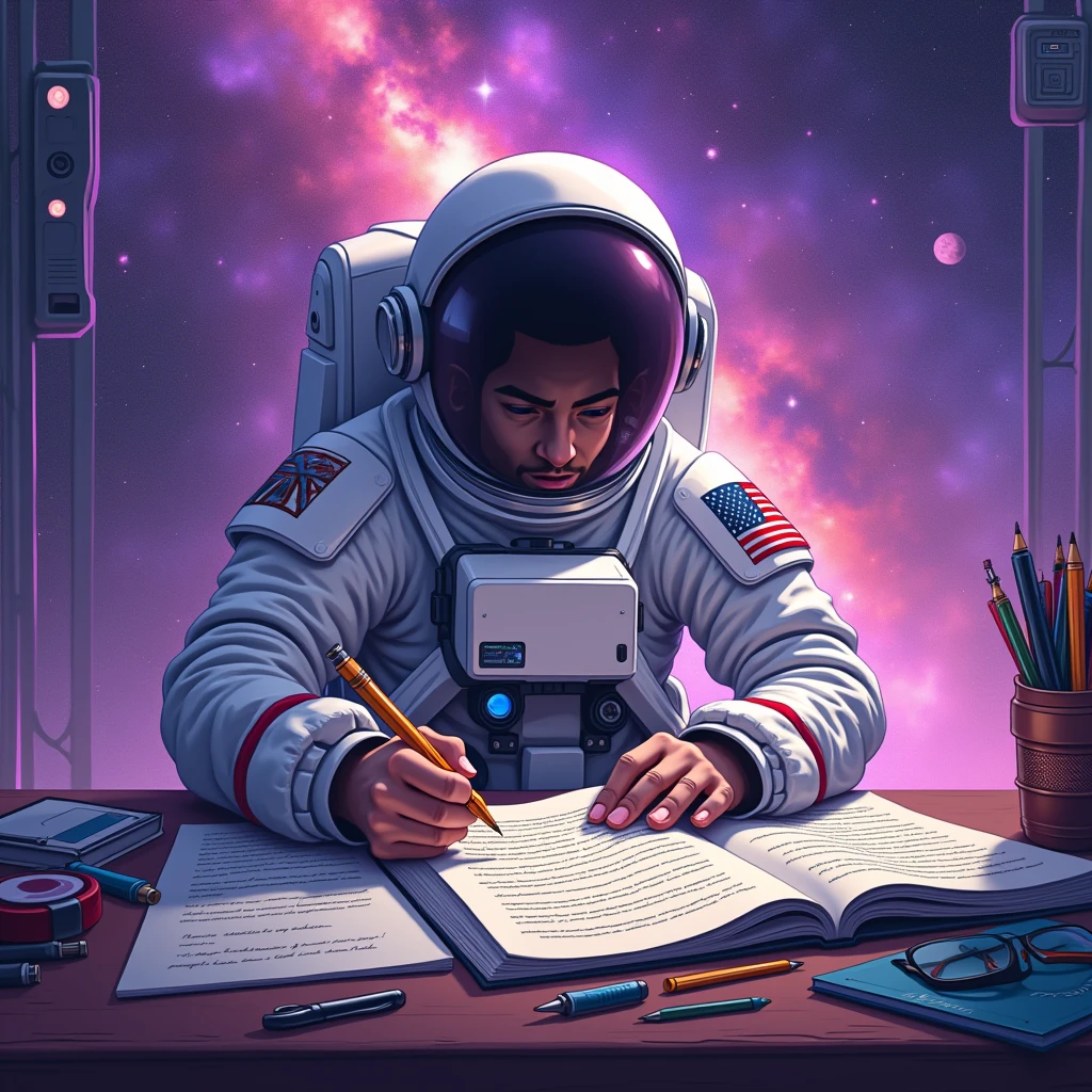  The human scriptwriter astronaut sits in a front-facing position, surrounded by script doodle elements, writing a script with a purple gradient in a galaxy.