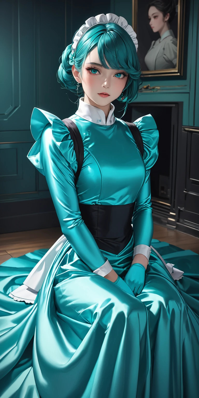 Portraiture、(masterpiece,Highest quality,Ultra-high resolution),Japanese women, (((A very beautiful 25 year old)))、(She is wearing a long-sleeved maid outfit made of shiny turquoise satin..)、The dress has a simple design without any patterns.....、(((Long skirt made of turquoise satin.)))、Turquoise satin gloves、((Turquoise satin bodysuit))、Dark Room