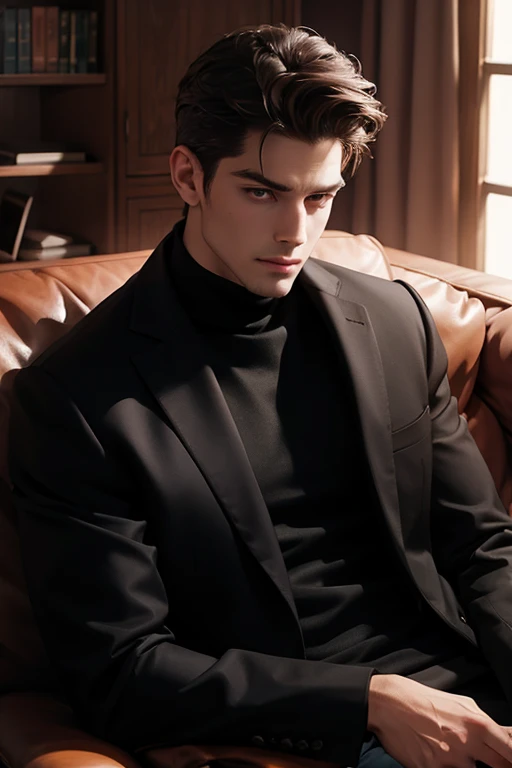 25 years old man realistic, black coat, high neck pink color t shirt, sitting on couch, back ground dark horror theme, tall and handsome, clean shaved